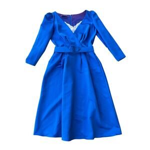 Vintage 1980's David Morris Blue Long Sleeve Fit and Flare Belted Midi Dress